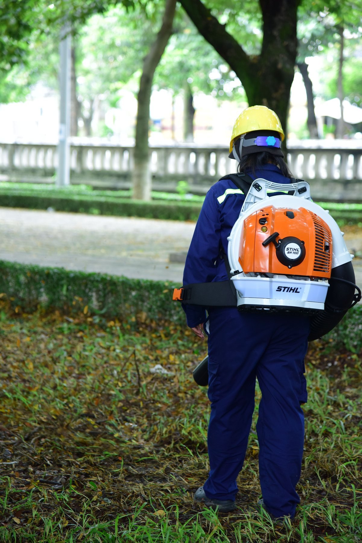 Operative clearing leaf litter from a landscaped area