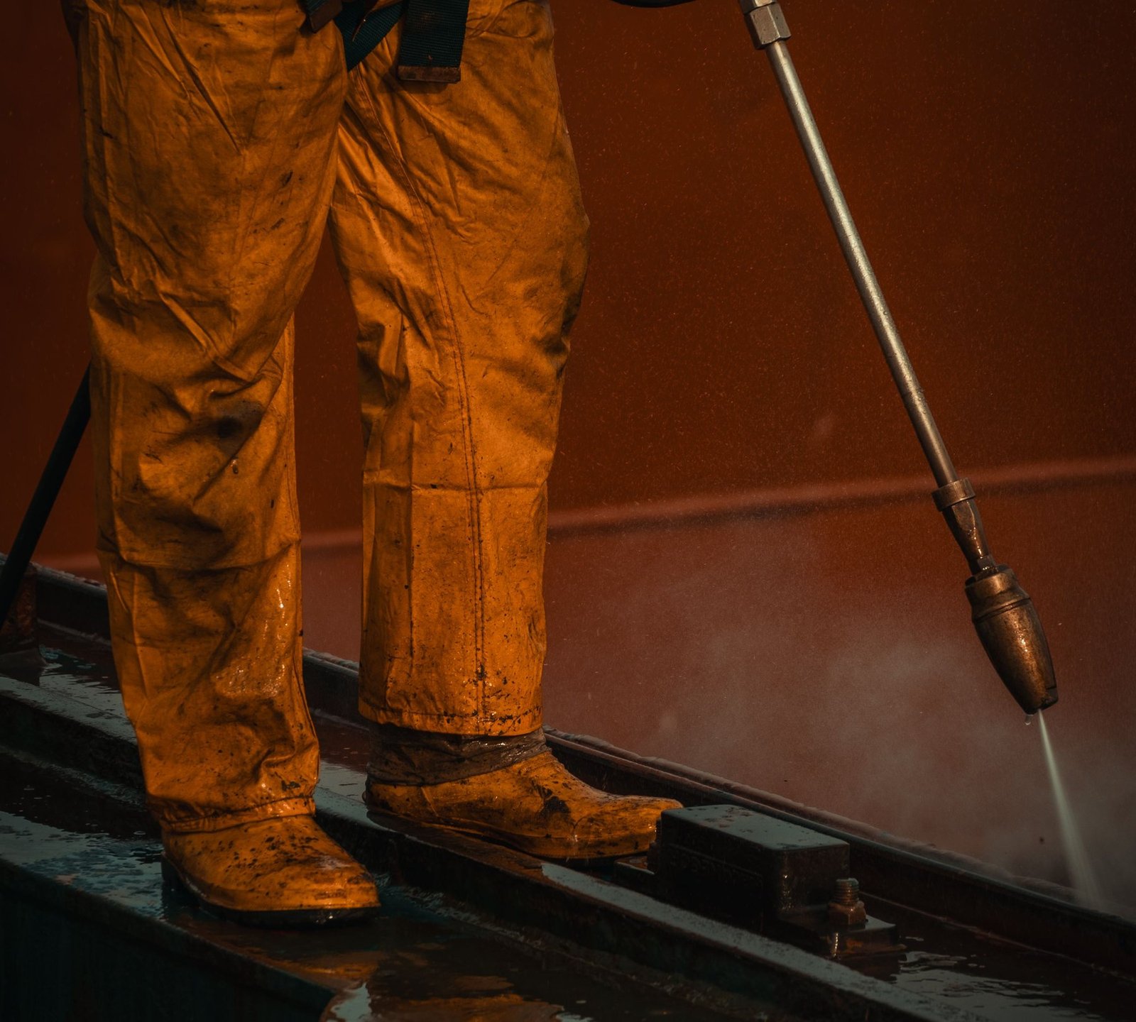 Operative in full waterproofs using a pressure lance