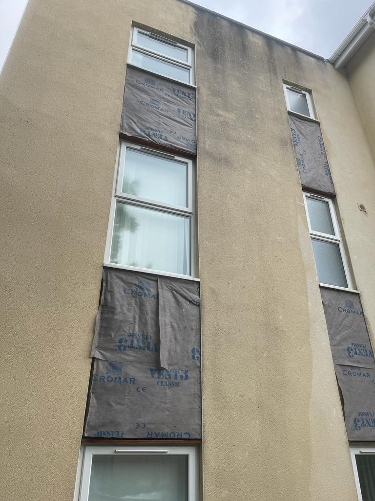 Windows and vents sheeted before work starts